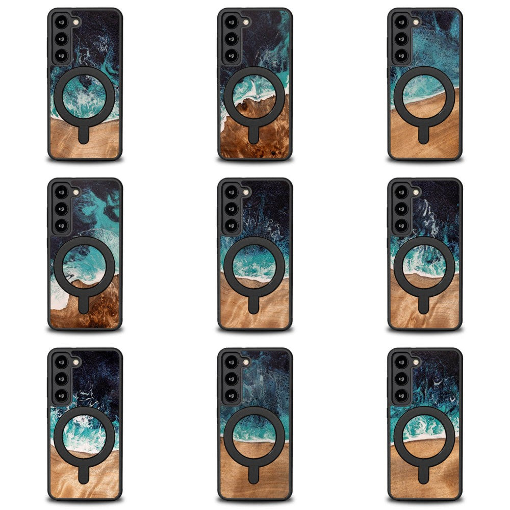 Holzhülle für Galaxy S23, Bewood Unique Dream Island für MagSafe, Blau-Braun