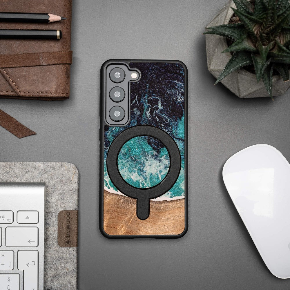 Holzhülle für Galaxy S23, Bewood Unique Dream Island für MagSafe, Blau-Braun