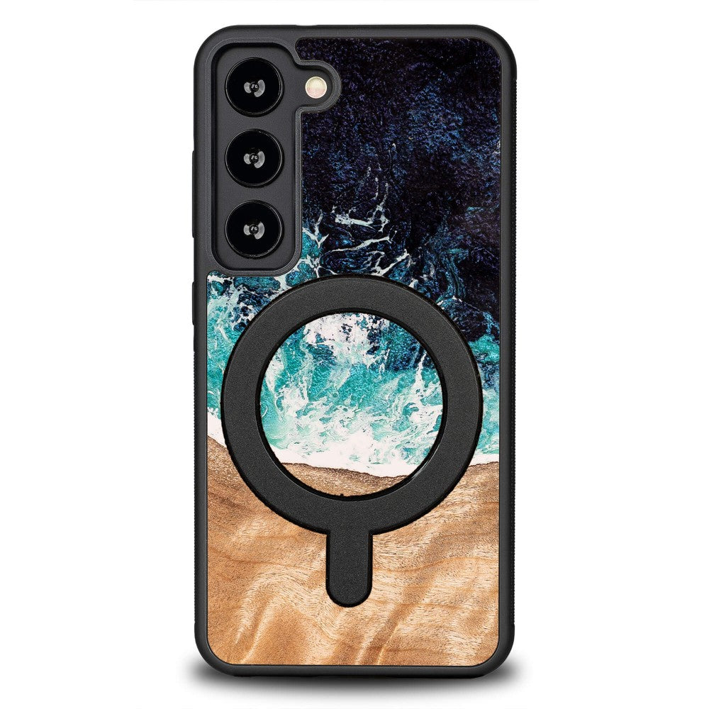 Holzhülle für Galaxy S23, Bewood Unique Dream Island für MagSafe, Blau-Braun