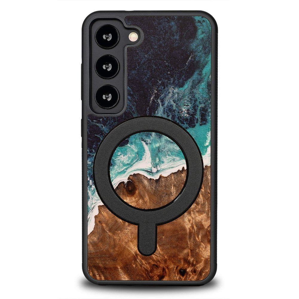 Holzhülle für Galaxy S23, Bewood Unique Dream Island für MagSafe, Blau-Braun