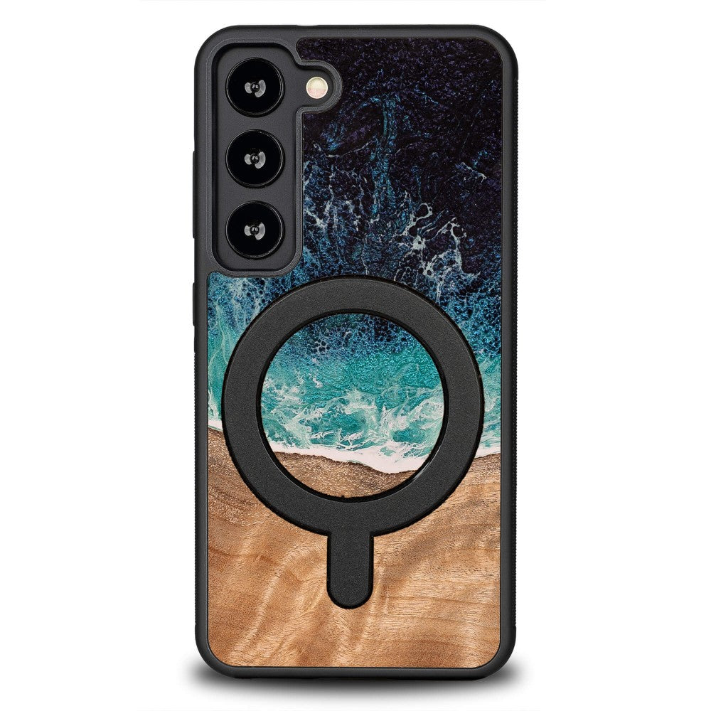 Holzhülle für Galaxy S23, Bewood Unique Dream Island für MagSafe, Blau-Braun