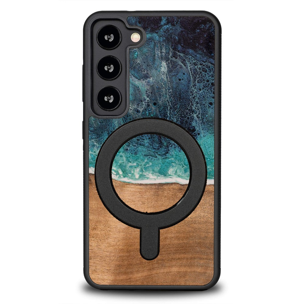 Holzhülle für Galaxy S23, Bewood Unique Dream Island für MagSafe, Blau-Braun