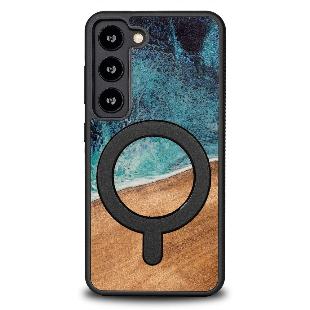 Holzhülle für Galaxy S23, Bewood Unique Dream Island für MagSafe, Blau-Braun