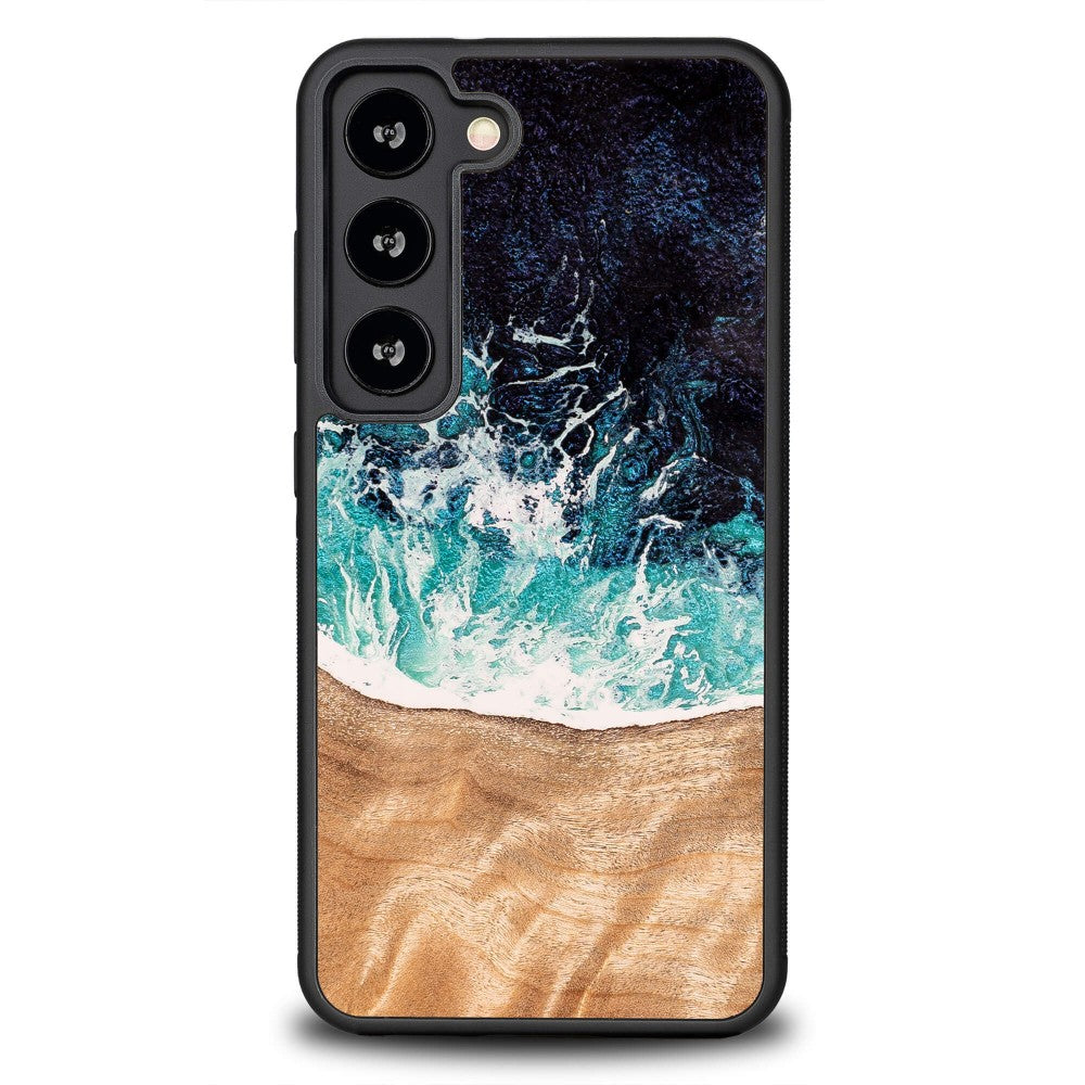 Holzhülle für Galaxy S23, Bewood Unique Dream Island, Blau-Braun