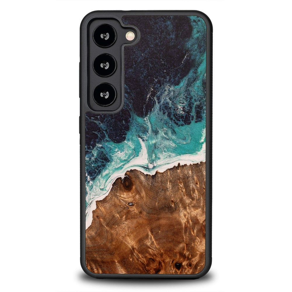 Holzhülle für Galaxy S23, Bewood Unique Dream Island, Blau-Braun