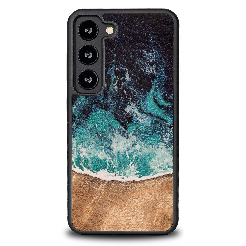 Holzhülle für Galaxy S23, Bewood Unique Dream Island, Blau-Braun