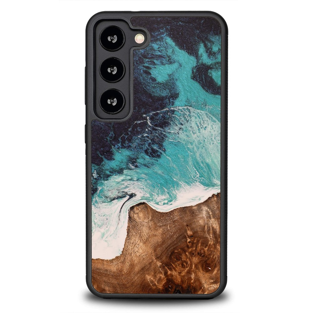 Holzhülle für Galaxy S23, Bewood Unique Dream Island, Blau-Braun