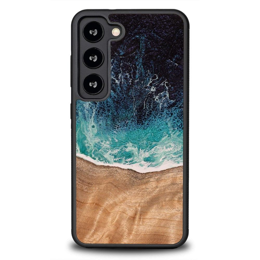 Holzhülle für Galaxy S23, Bewood Unique Dream Island, Blau-Braun