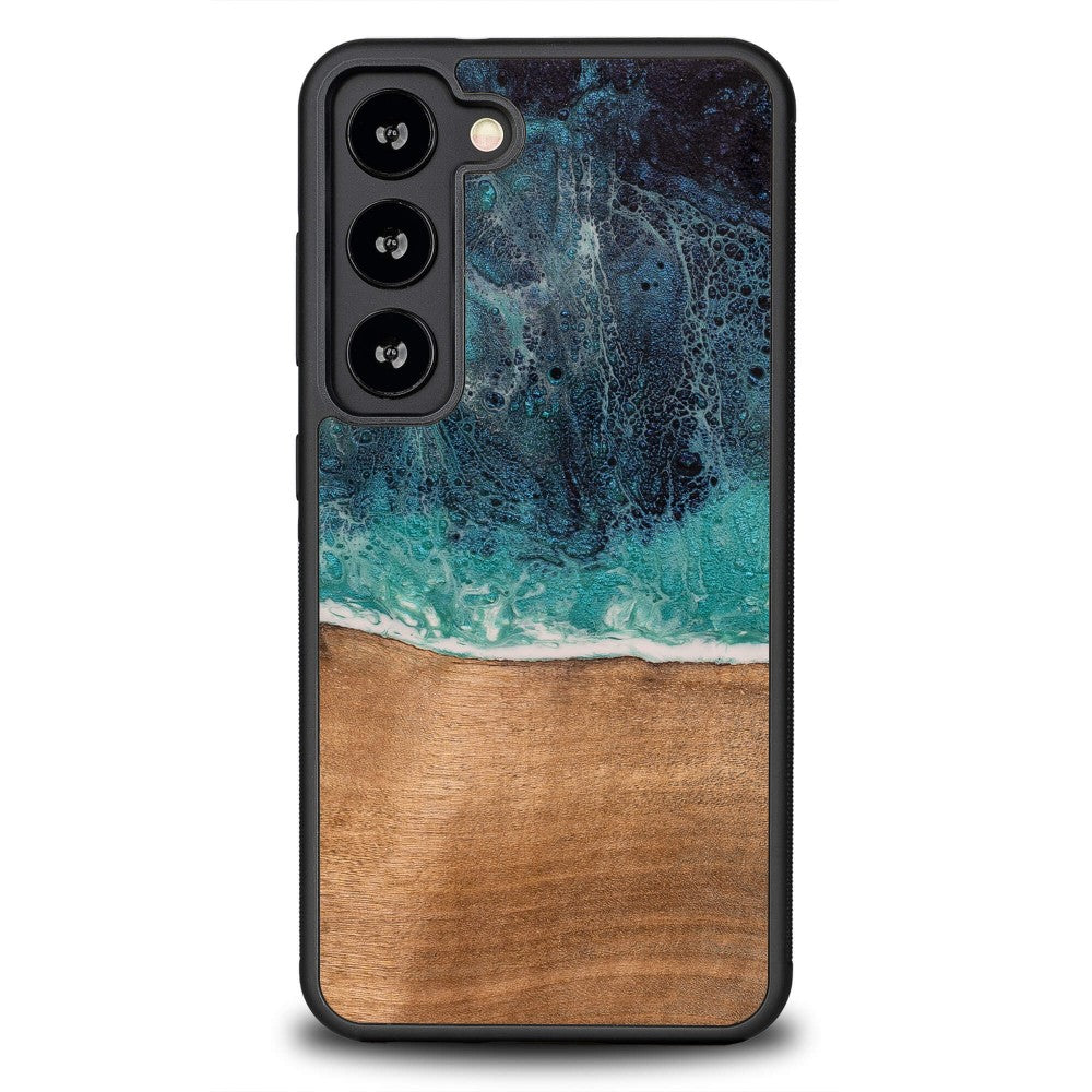 Holzhülle für Galaxy S23, Bewood Unique Dream Island, Blau-Braun