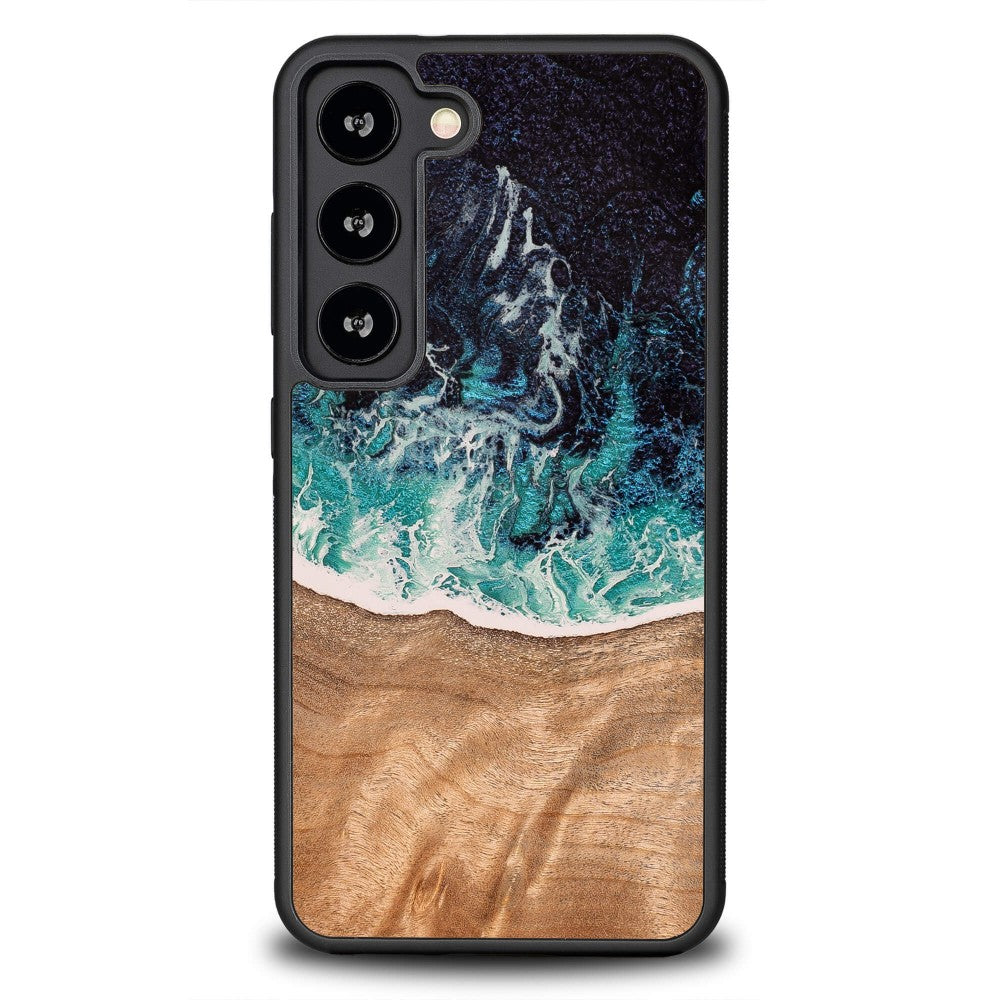 Holzhülle für Galaxy S23, Bewood Unique Dream Island, Blau-Braun