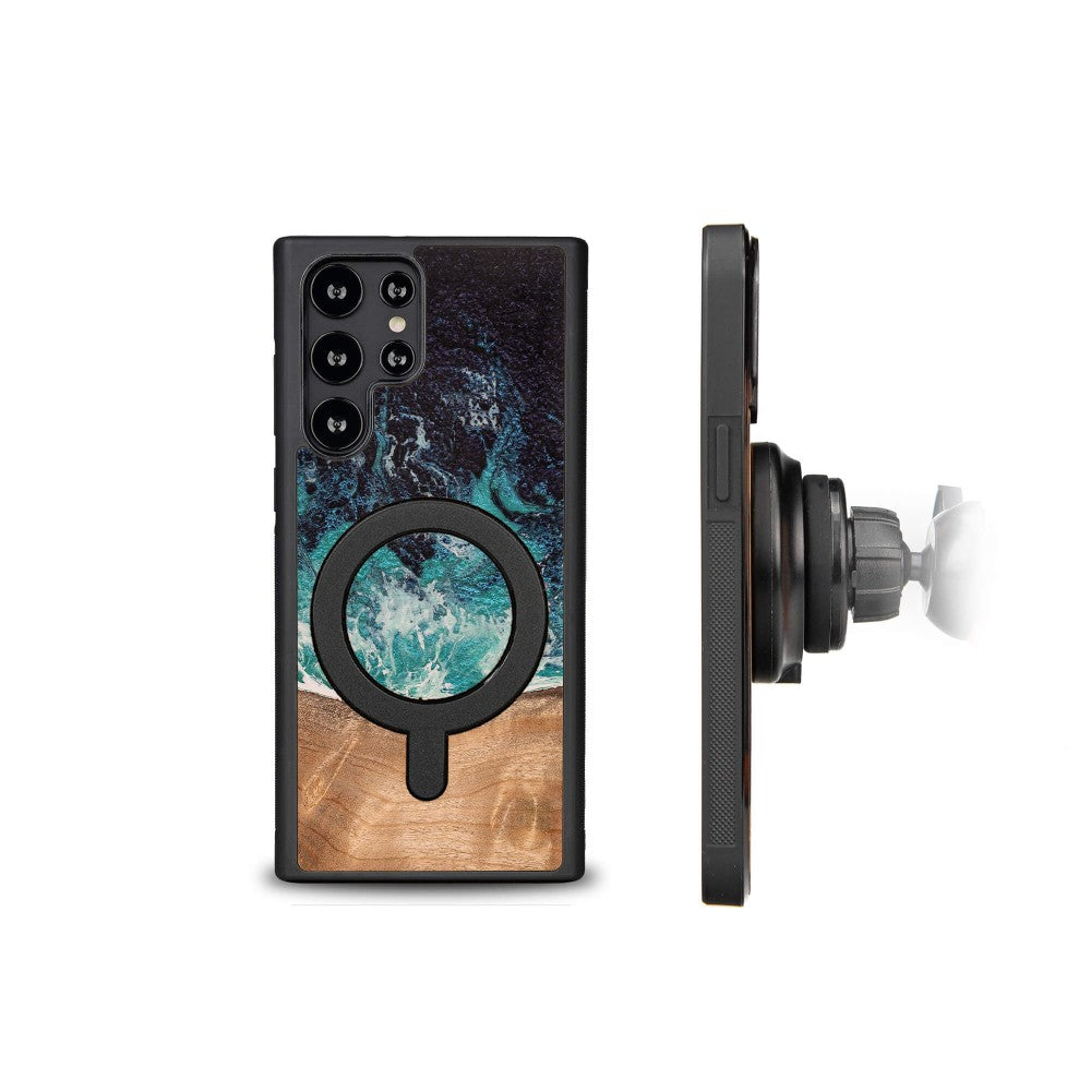 Holzhülle für Galaxy S22 Ultra, Bewood Unique Dream Island für MagSafe, Blau-Braun