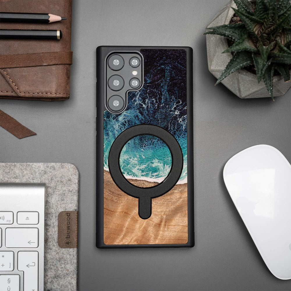 Holzhülle für Galaxy S22 Ultra, Bewood Unique Dream Island für MagSafe, Blau-Braun