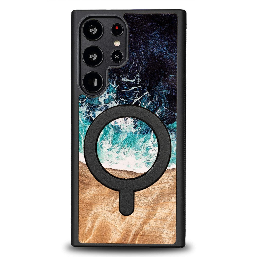 Holzhülle für Galaxy S22 Ultra, Bewood Unique Dream Island für MagSafe, Blau-Braun