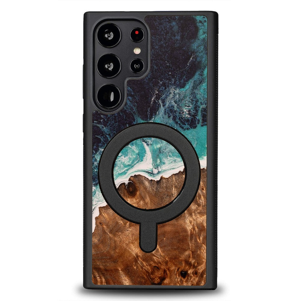 Holzhülle für Galaxy S22 Ultra, Bewood Unique Dream Island für MagSafe, Blau-Braun