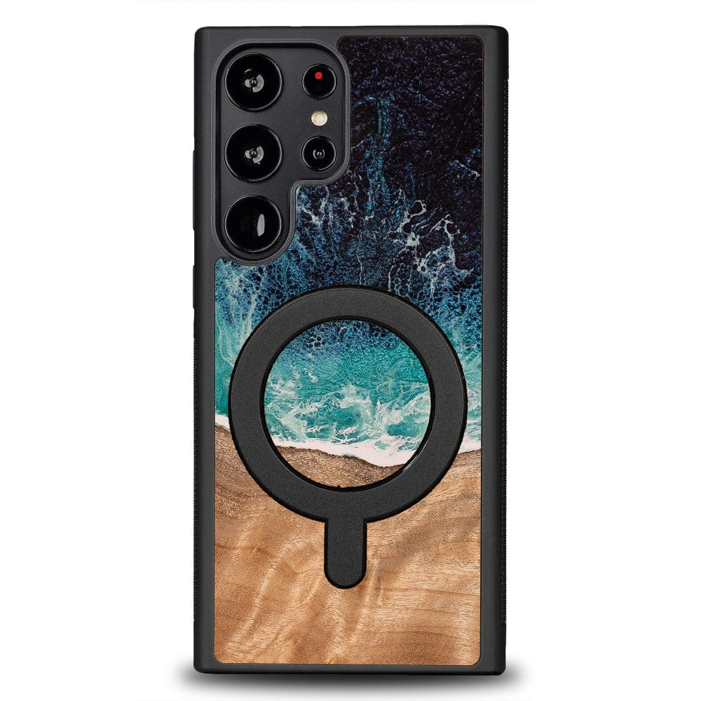 Holzhülle für Galaxy S22 Ultra, Bewood Unique Dream Island für MagSafe, Blau-Braun