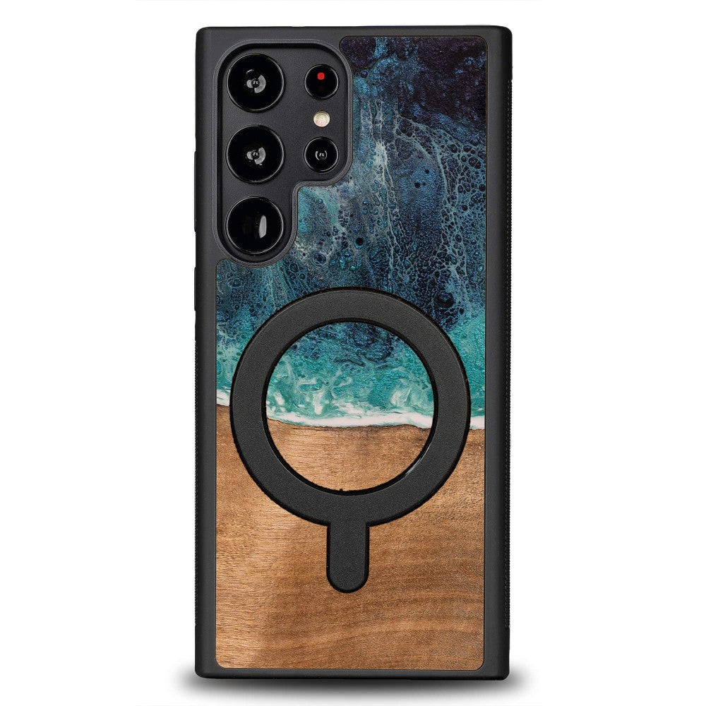 Holzhülle für Galaxy S22 Ultra, Bewood Unique Dream Island für MagSafe, Blau-Braun