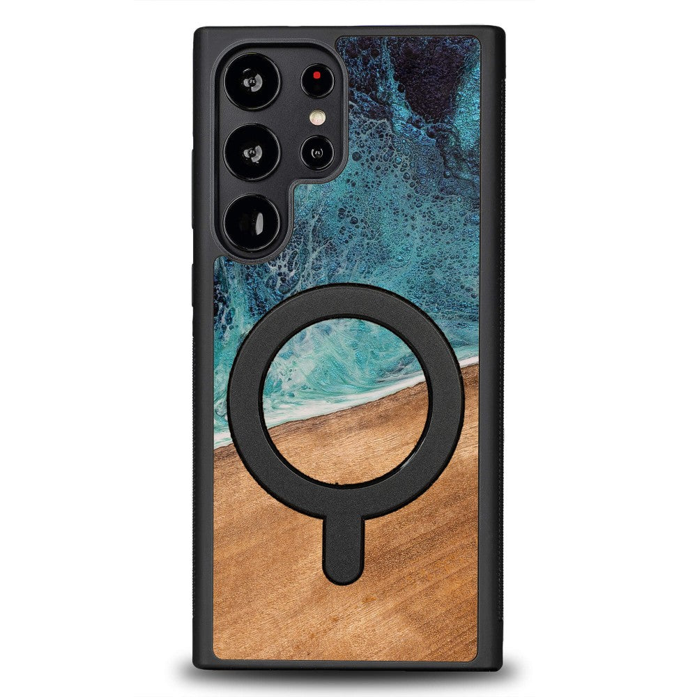 Holzhülle für Galaxy S22 Ultra, Bewood Unique Dream Island für MagSafe, Blau-Braun