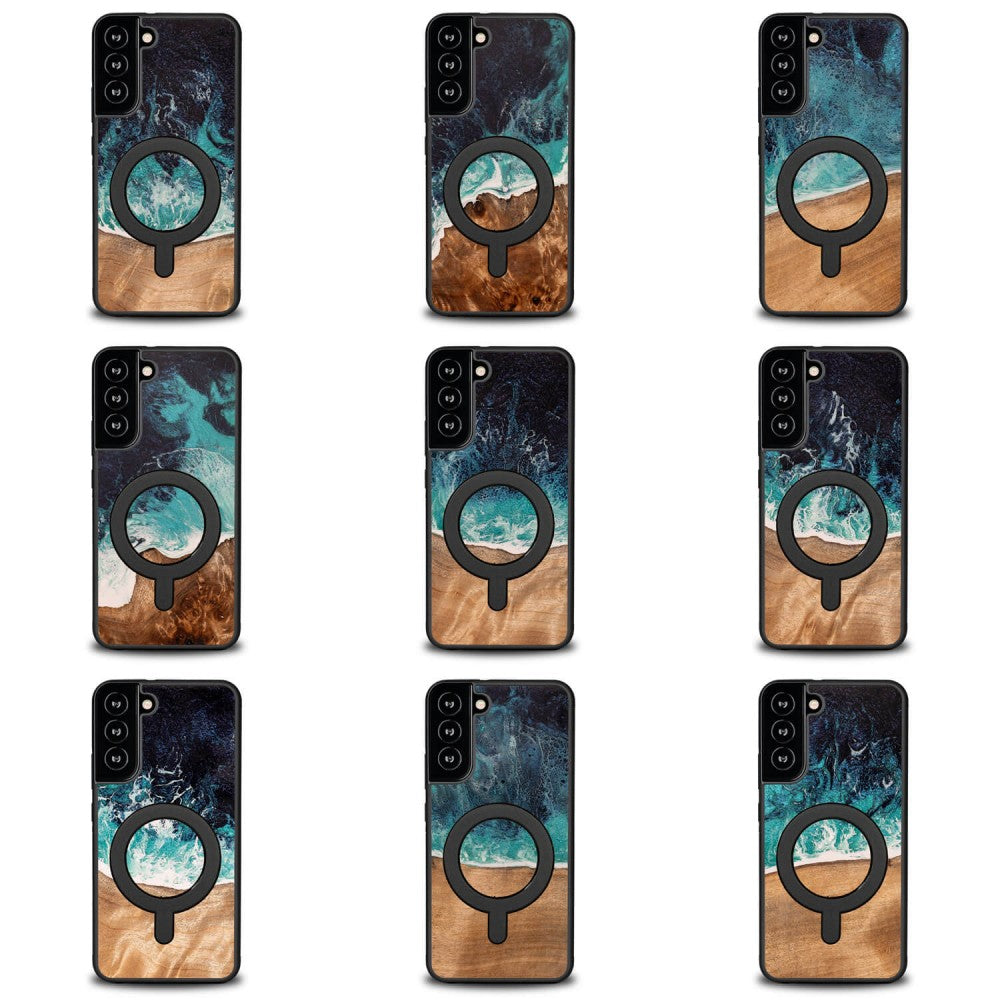 Holzhülle für Galaxy S22 Plus, Bewood Unique Dream Island für MagSafe, Blau-Braun