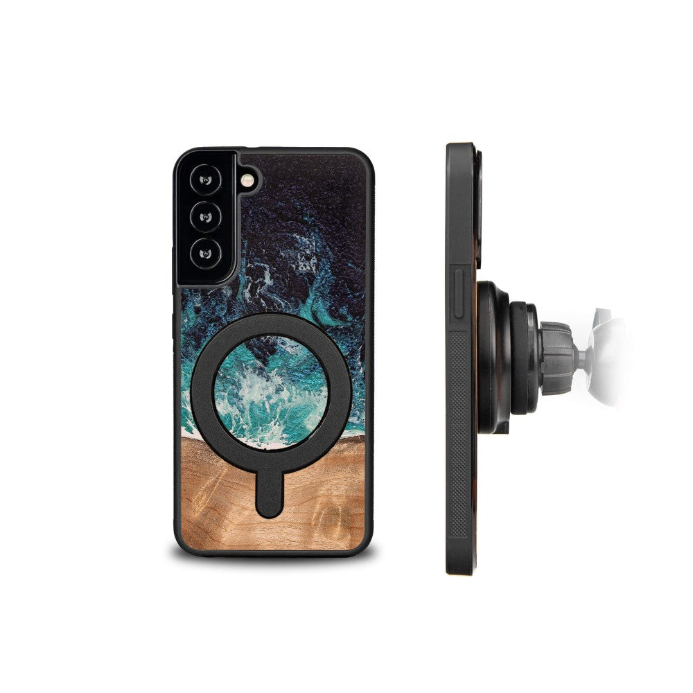 Holzhülle für Galaxy S22 Plus, Bewood Unique Dream Island für MagSafe, Blau-Braun