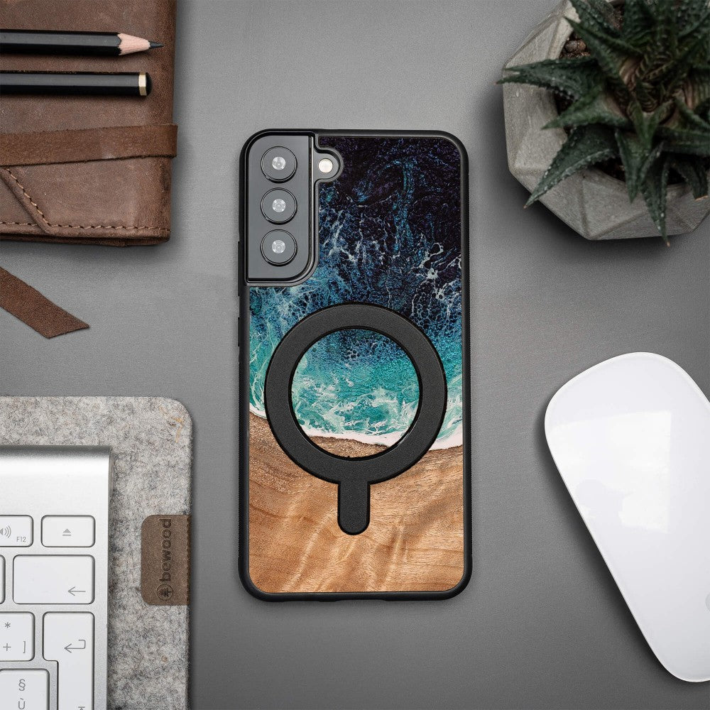 Holzhülle für Galaxy S22 Plus, Bewood Unique Dream Island für MagSafe, Blau-Braun