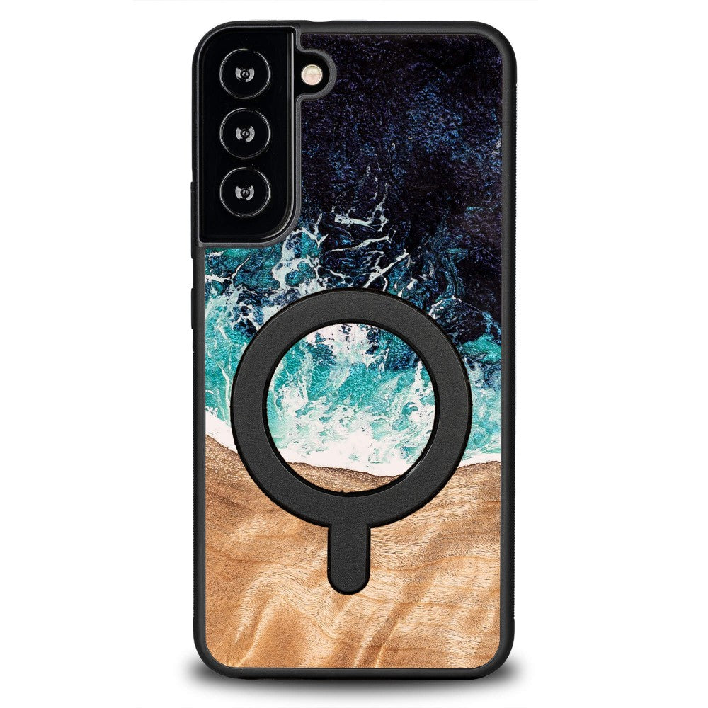 Holzhülle für Galaxy S22 Plus, Bewood Unique Dream Island für MagSafe, Blau-Braun