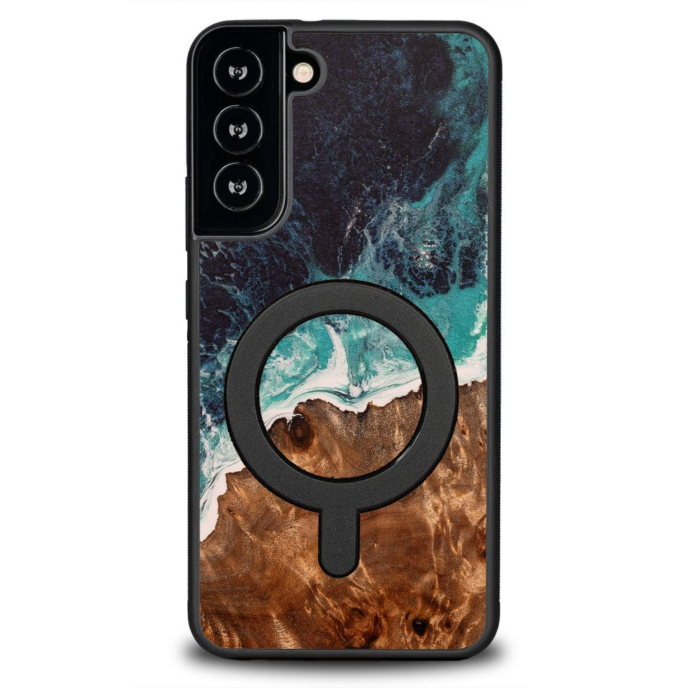 Holzhülle für Galaxy S22 Plus, Bewood Unique Dream Island für MagSafe, Blau-Braun