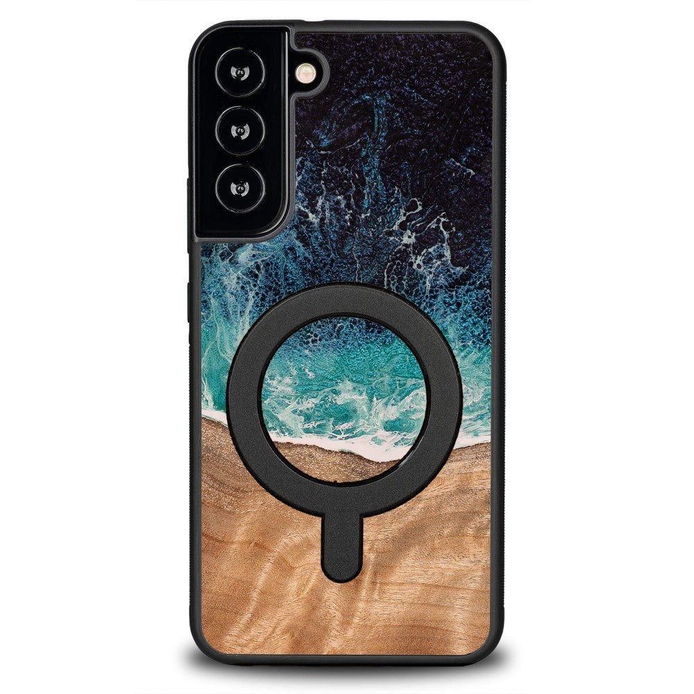 Holzhülle für Galaxy S22 Plus, Bewood Unique Dream Island für MagSafe, Blau-Braun