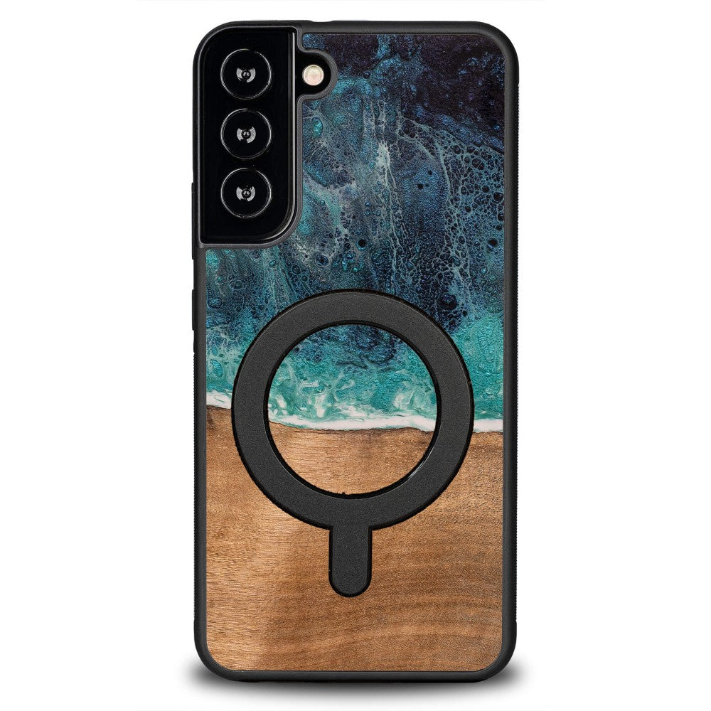 Holzhülle für Galaxy S22 Plus, Bewood Unique Dream Island für MagSafe, Blau-Braun