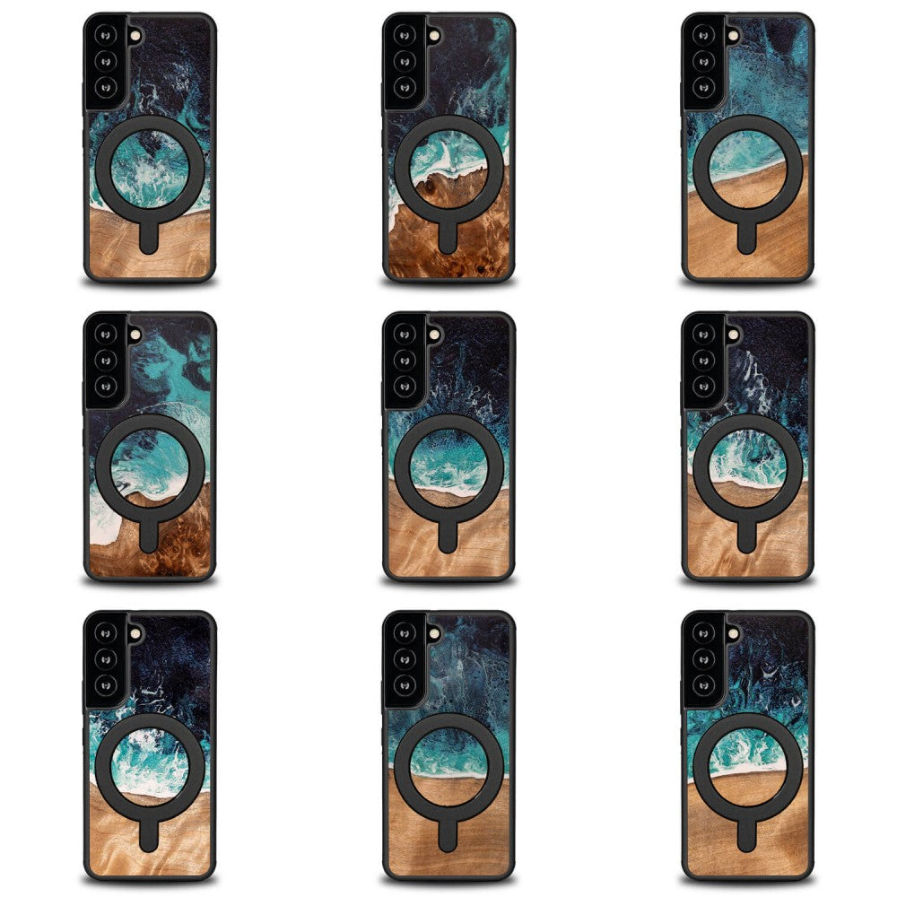 Holzhülle für Galaxy S22, Bewood Unique Dream Island für MagSafe, Blau-Braun