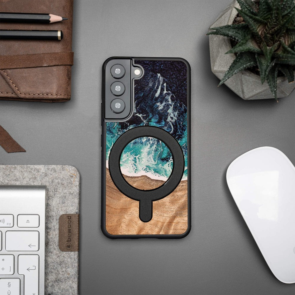 Holzhülle für Galaxy S22, Bewood Unique Dream Island für MagSafe, Blau-Braun
