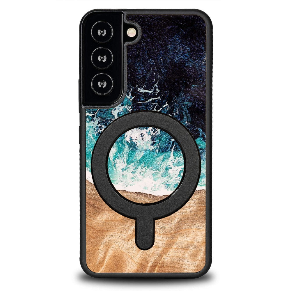 Holzhülle für Galaxy S22, Bewood Unique Dream Island für MagSafe, Blau-Braun