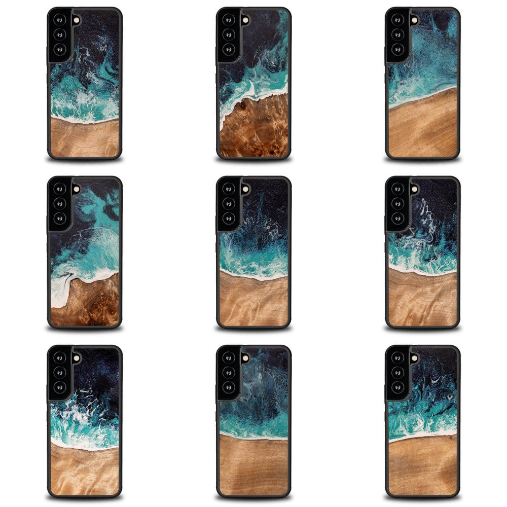 Holzhülle für Galaxy S22, Bewood Unique Dream Island, Blau-Braun