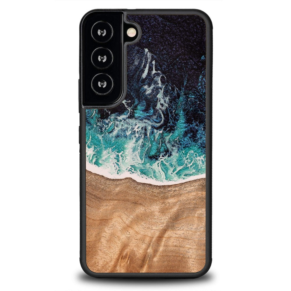 Holzhülle für Galaxy S22, Bewood Unique Dream Island, Blau-Braun