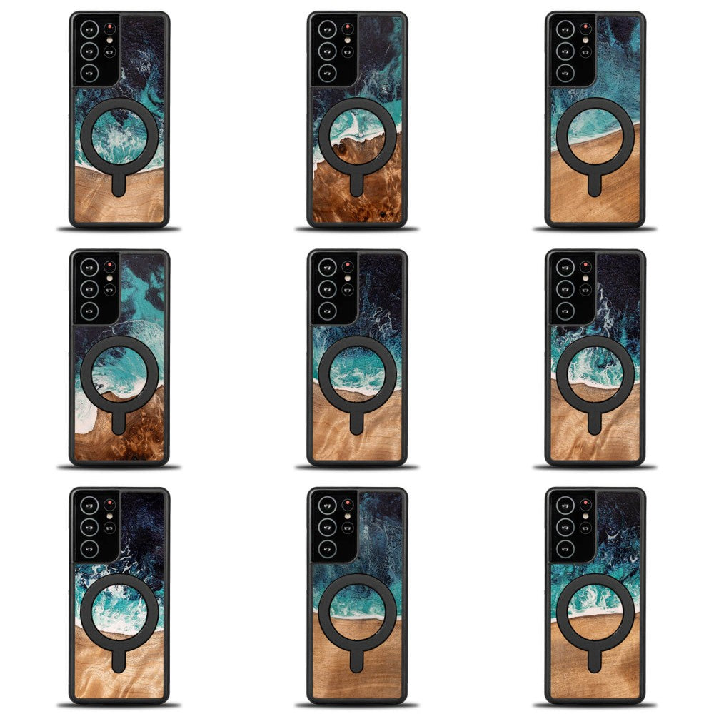 Holzhülle für Galaxy S21 Ultra, Bewood Unique Dream Island für MagSafe, Blau-Braun