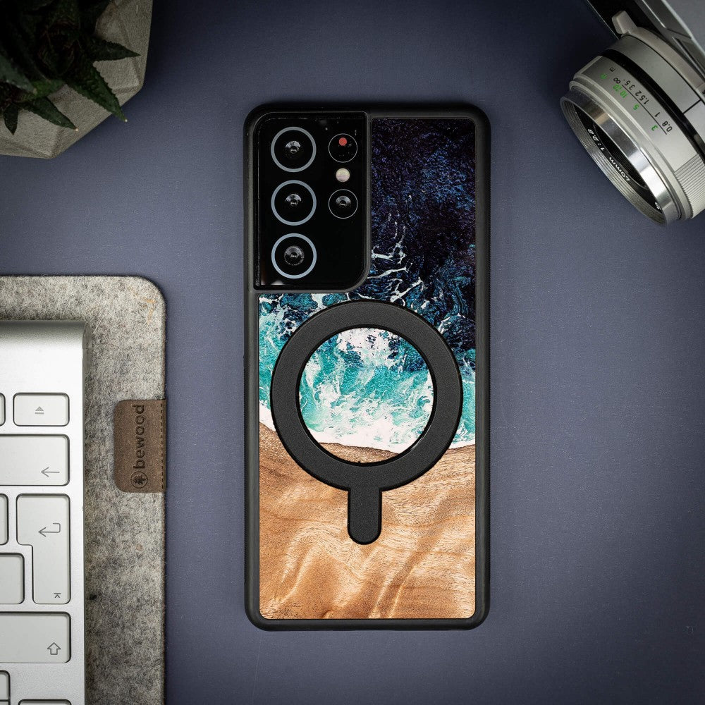 Holzhülle für Galaxy S21 Ultra, Bewood Unique Dream Island für MagSafe, Blau-Braun