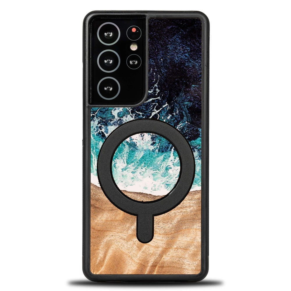 Holzhülle für Galaxy S21 Ultra, Bewood Unique Dream Island für MagSafe, Blau-Braun