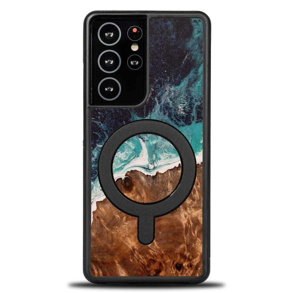 Holzhülle für Galaxy S21 Ultra, Bewood Unique Dream Island für MagSafe, Blau-Braun
