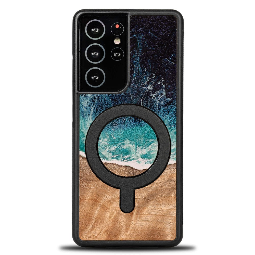 Holzhülle für Galaxy S21 Ultra, Bewood Unique Dream Island für MagSafe, Blau-Braun