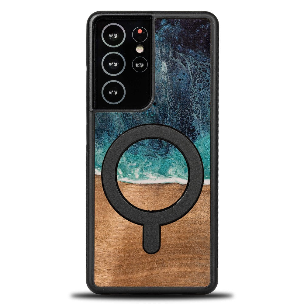 Holzhülle für Galaxy S21 Ultra, Bewood Unique Dream Island für MagSafe, Blau-Braun
