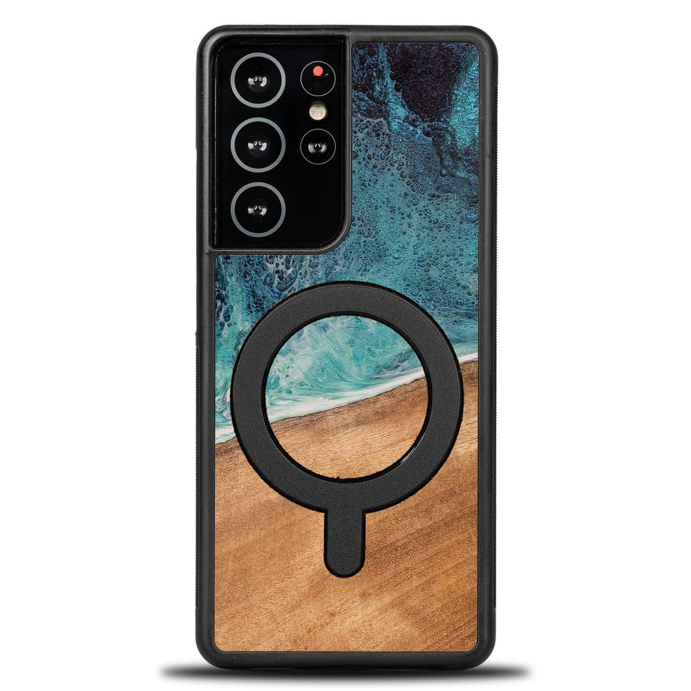 Holzhülle für Galaxy S21 Ultra, Bewood Unique Dream Island für MagSafe, Blau-Braun