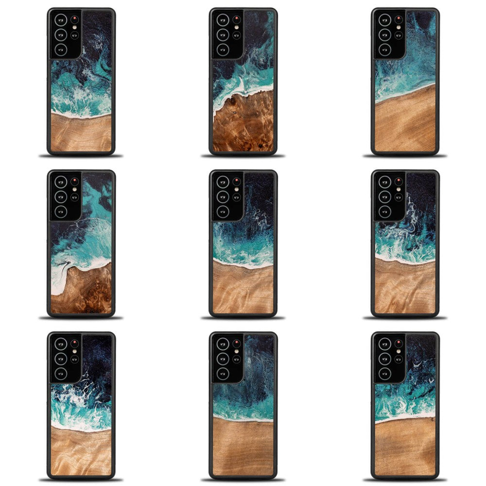 Holzhülle für Galaxy S21 Ultra, Bewood Unique Dream Island, Blau-Braun