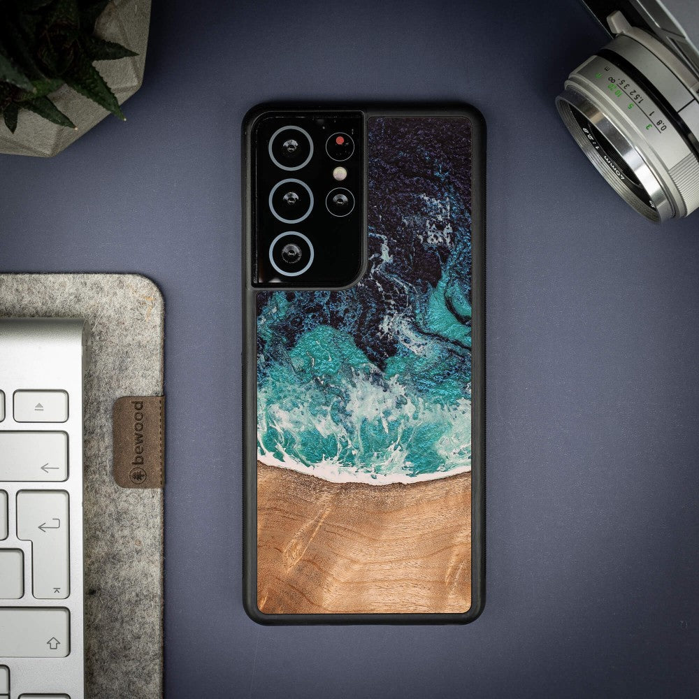 Holzhülle für Galaxy S21 Ultra, Bewood Unique Dream Island, Blau-Braun