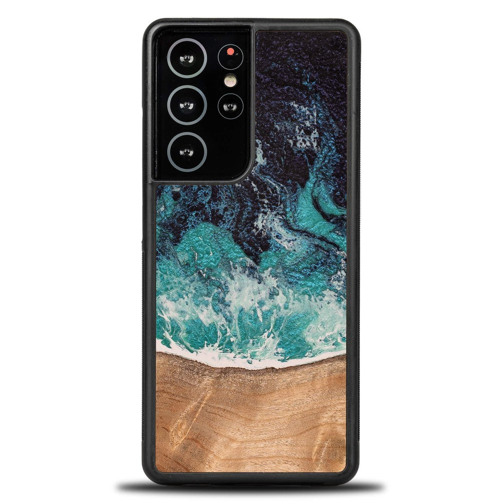 Holzhülle für Galaxy S21 Ultra, Bewood Unique Dream Island, Blau-Braun