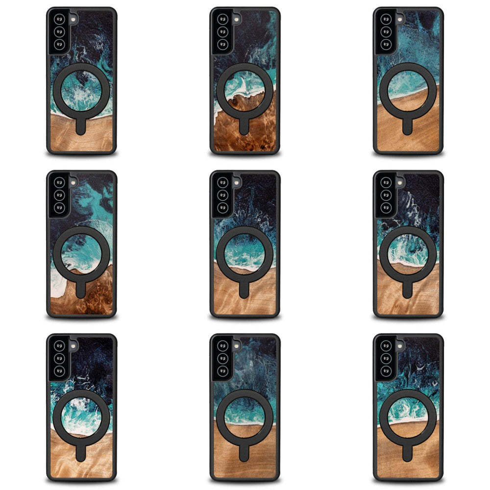 Holzhülle für Galaxy S21 Plus, Bewood Unique Dream Island für MagSafe, Blau-Braun