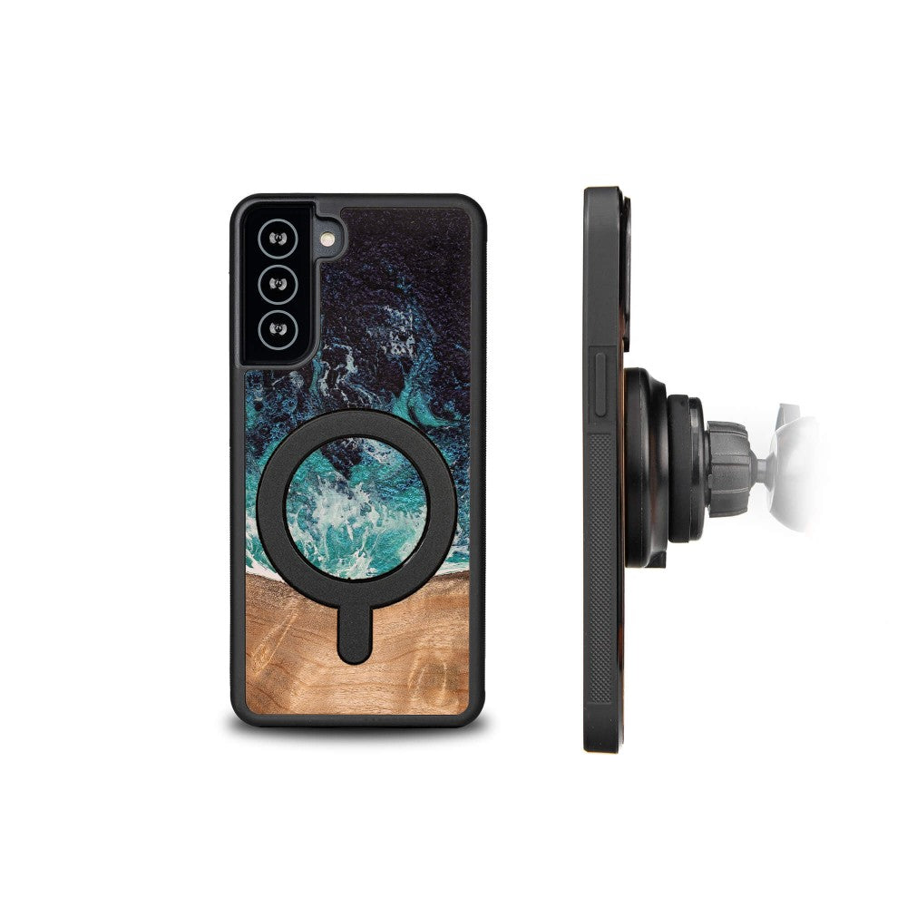 Holzhülle für Galaxy S21 Plus, Bewood Unique Dream Island für MagSafe, Blau-Braun