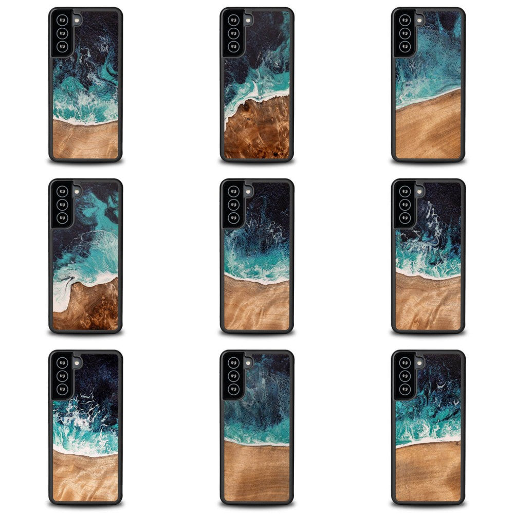 Holzhülle für Galaxy S21 Plus, Bewood Unique Dream Island, Blau-Braun