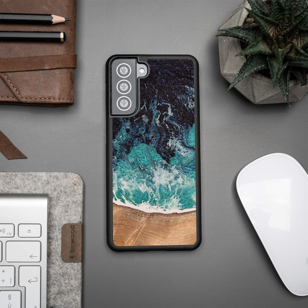Holzhülle für Galaxy S21 Plus, Bewood Unique Dream Island, Blau-Braun