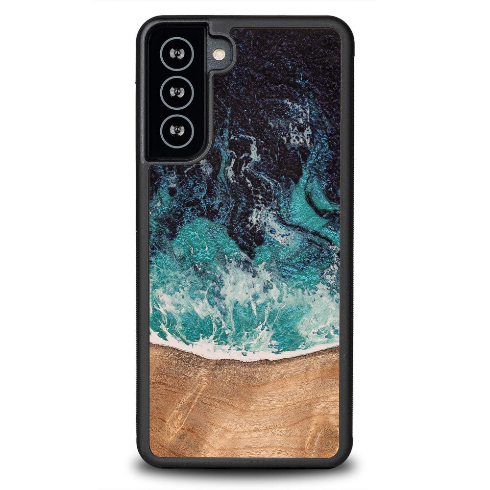 Holzhülle für Galaxy S21 Plus, Bewood Unique Dream Island, Blau-Braun