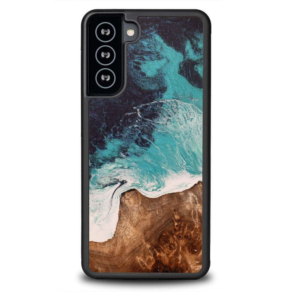 Holzhülle für Galaxy S21 Plus, Bewood Unique Dream Island, Blau-Braun
