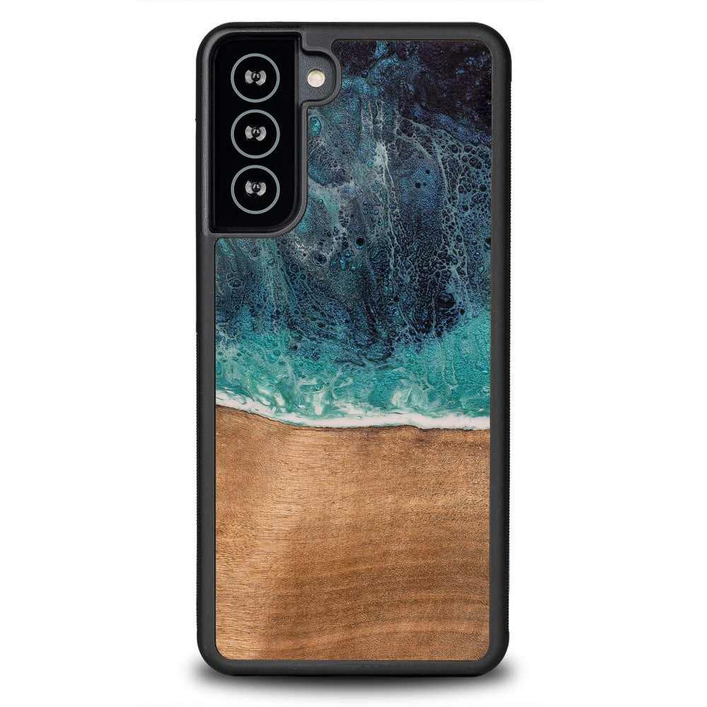 Holzhülle für Galaxy S21 Plus, Bewood Unique Dream Island, Blau-Braun